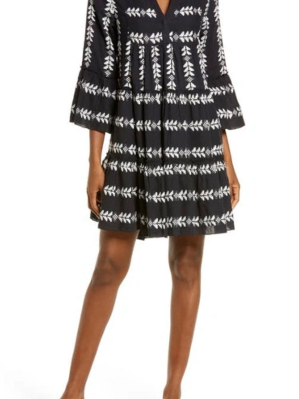 Elan Black Midi Dress with White Embroidered Leaf Stripes PTP 19’ L 33’